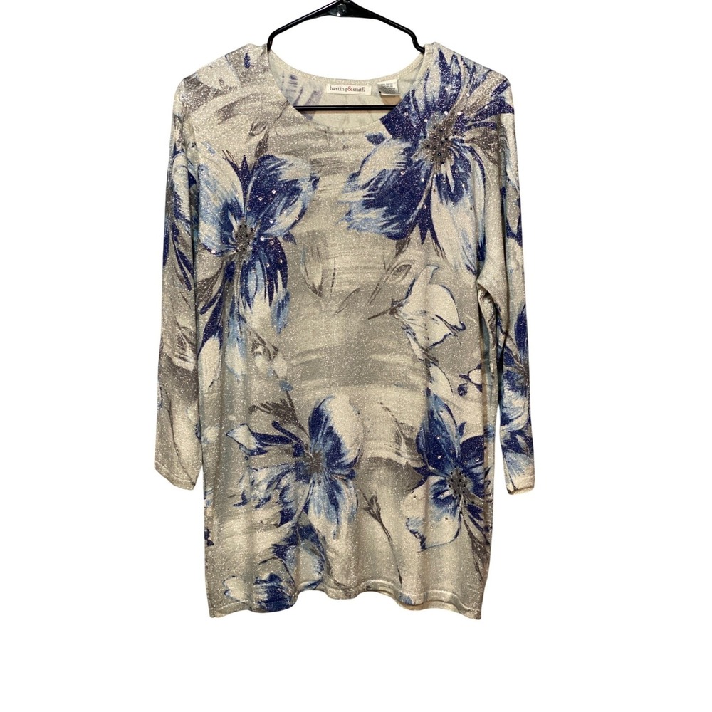 Hastings & Smith Women's‎ Floral Rhinestone Embellished Silver Top XL